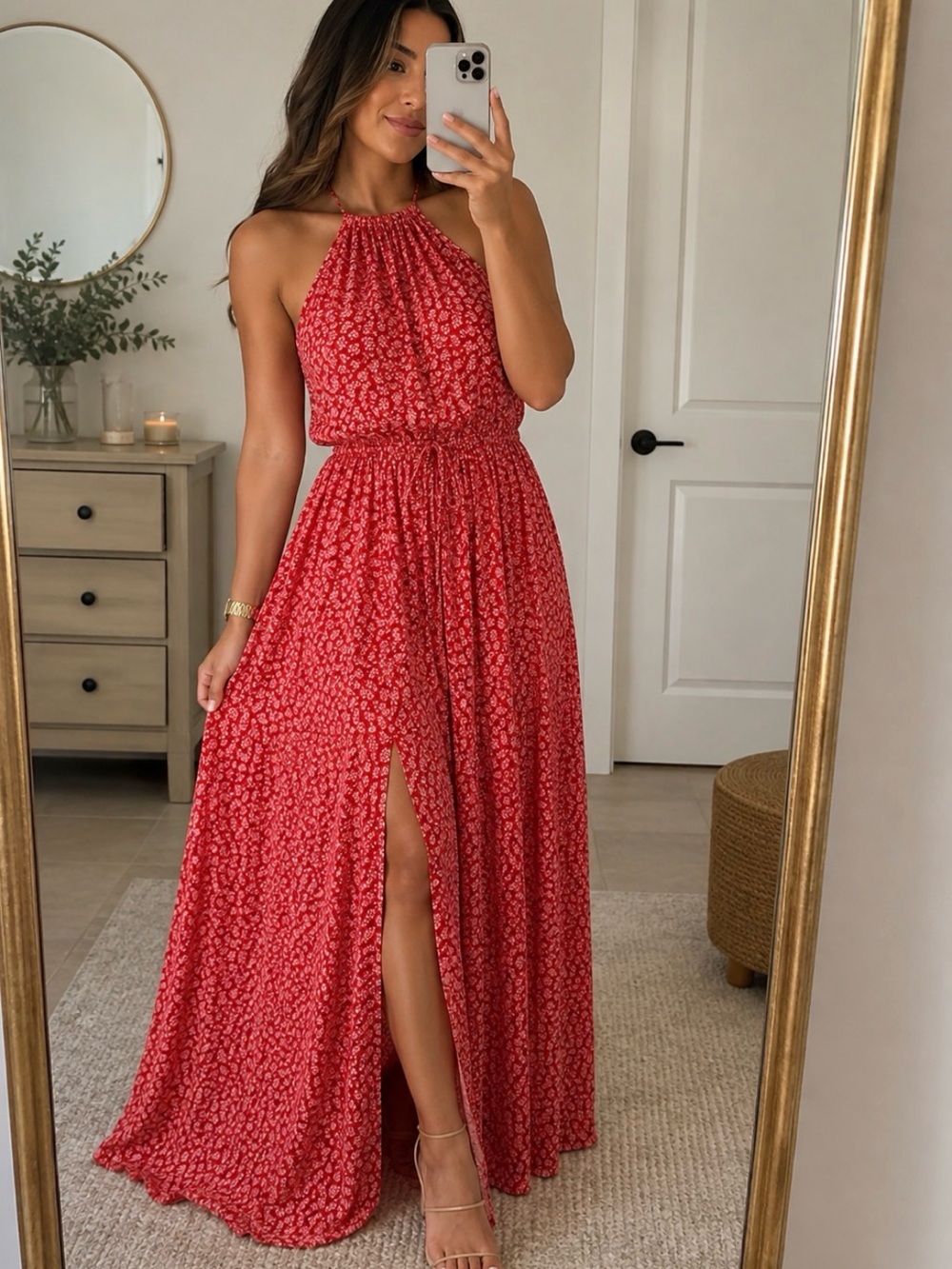 Vici Red Halter Floral Maxi Dress with Thigh Slit